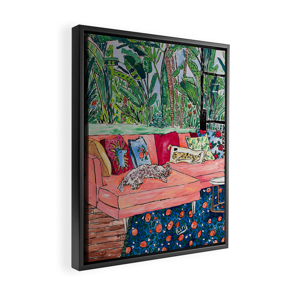 Napping Brown Tabby Cat on Pink Couch with Jungle Background Painting After Matisse Framed Canvas Print Gallery Image 2