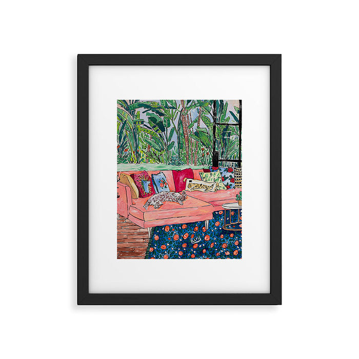 Napping Brown Tabby Cat on Pink Couch with Jungle Background Painting After Matisse Framed Art Print Gallery Image 1