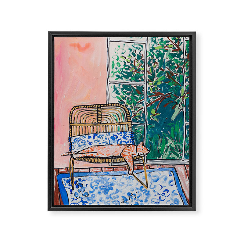 Napping Ginger Cat in Pink Jungle Garden Room Framed Canvas Print Gallery Image 6