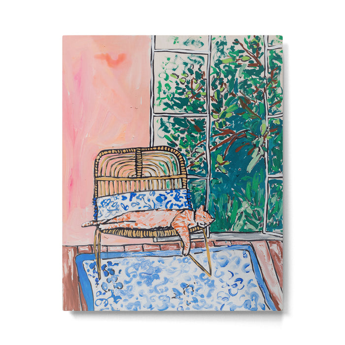 Napping Ginger Cat in Pink Jungle Garden Room Metal Print Gallery Image 1