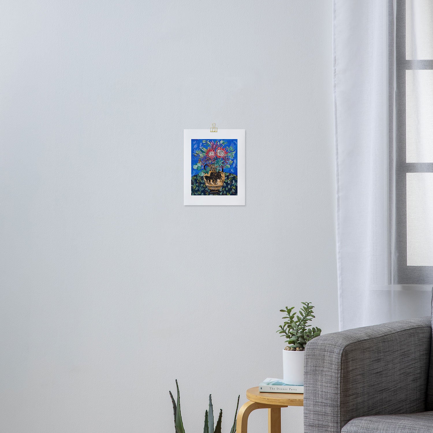 Painterly Bouquet of Proteas in Greek Horse Urn on Blue Art Print Gallery Image 3