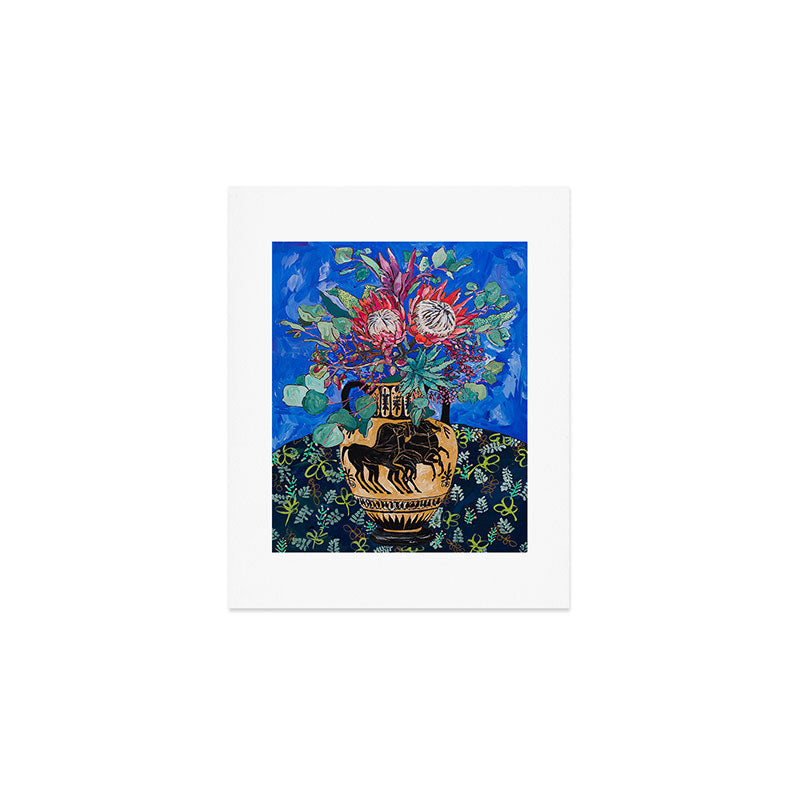 Painterly Bouquet of Proteas in Greek Horse Urn on Blue Art Print Gallery Image 1
