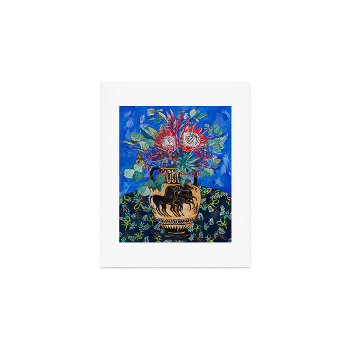 Painterly Bouquet of Proteas in Greek Horse Urn on Blue Art Print Gallery Image 1