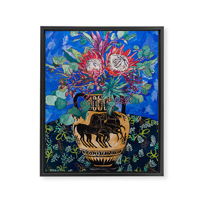 Painterly Bouquet of Proteas in Greek Horse Urn on Blue Framed Canvas Print Gallery Image 6
