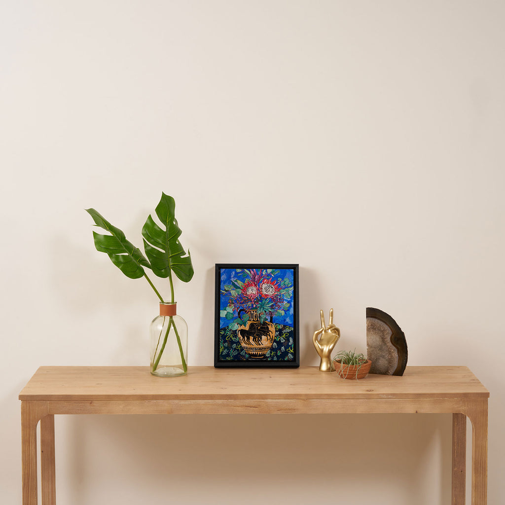 Painterly Bouquet of Proteas in Greek Horse Urn on Blue Framed Canvas Print Gallery Image 4