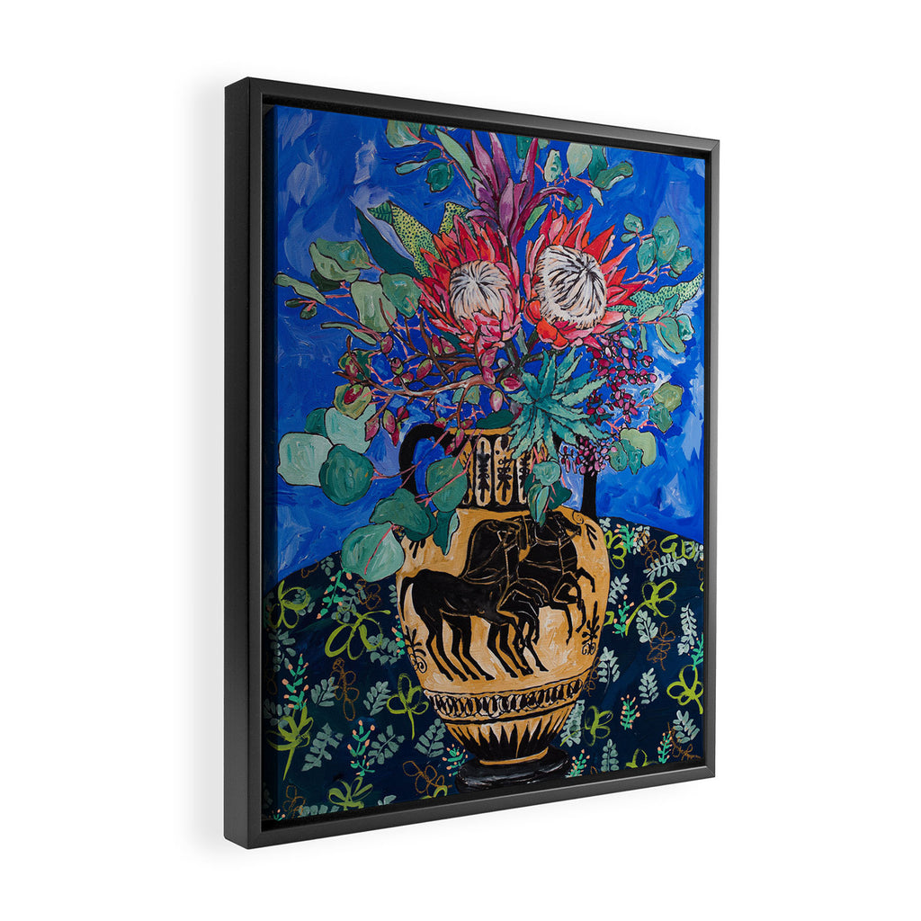 Painterly Bouquet of Proteas in Greek Horse Urn on Blue Framed Canvas Print Gallery Image 2