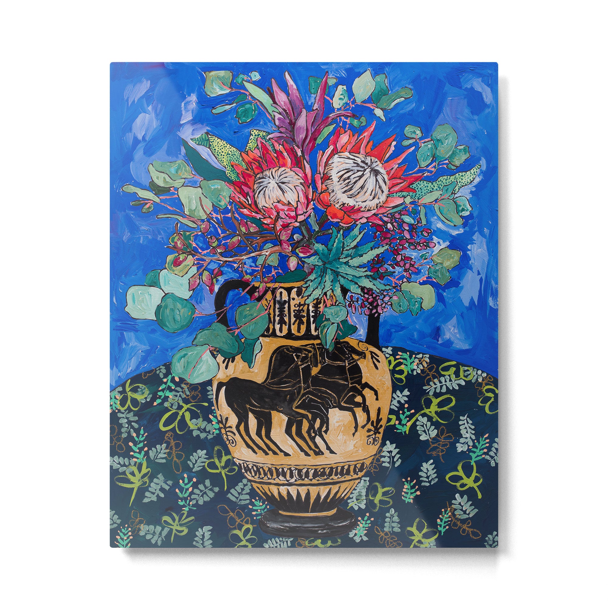 Painterly Bouquet of Proteas in Greek Horse Urn on Blue Metal Print Gallery Image 4