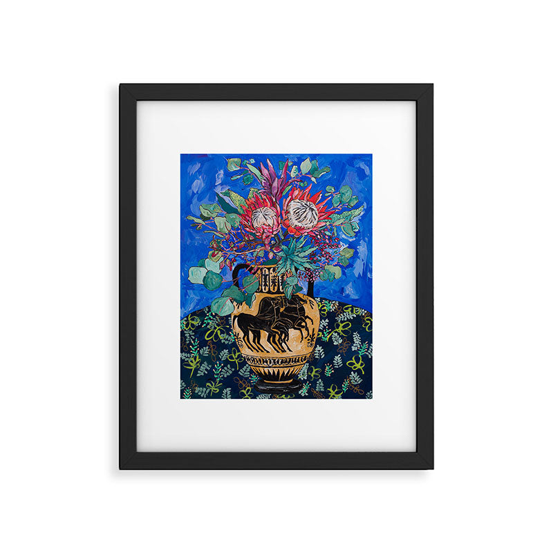 Painterly Bouquet of Proteas in Greek Horse Urn on Blue Framed Art Print Gallery Image 5