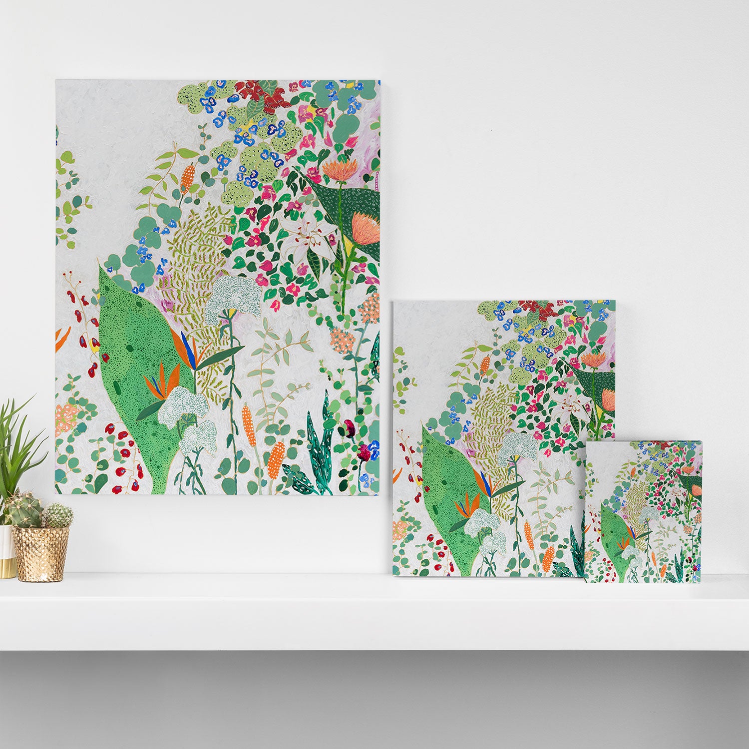 Painterly Floral Jungle on Pink and White Canvas Print Gallery Image 3