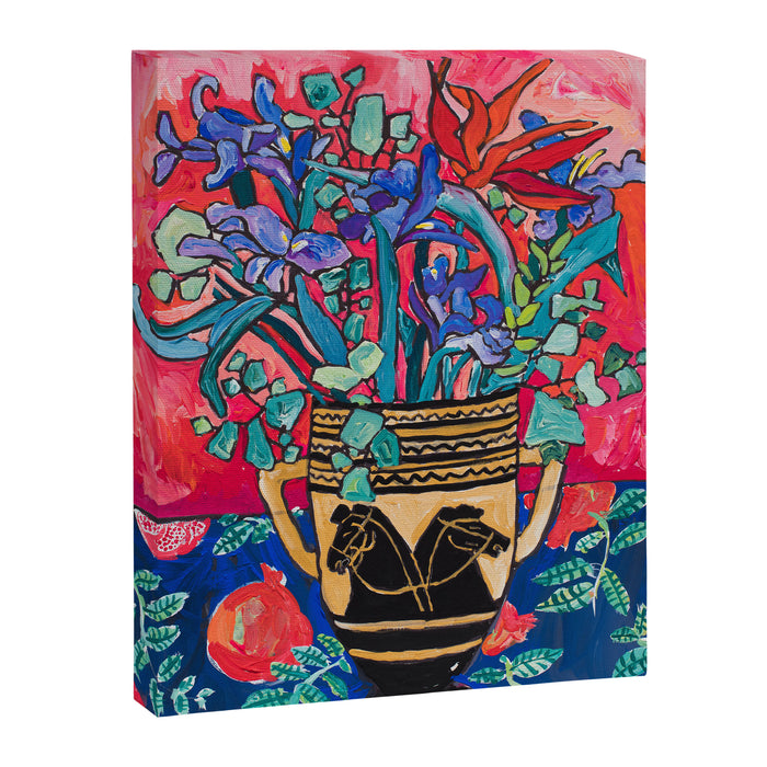 Persephone Painting - Bouquet of Iris and Strelitzia Flowers in Greek Horse Vase Against Coral Pink Canvas Print Gallery Image 1