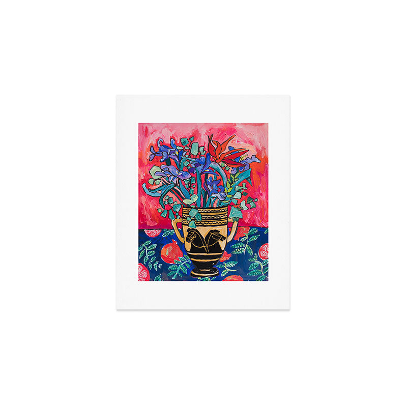 Persephone Painting - Bouquet of Iris and Strelitzia Flowers in Greek Horse Vase Against Coral Pink Art Print Gallery Image 1