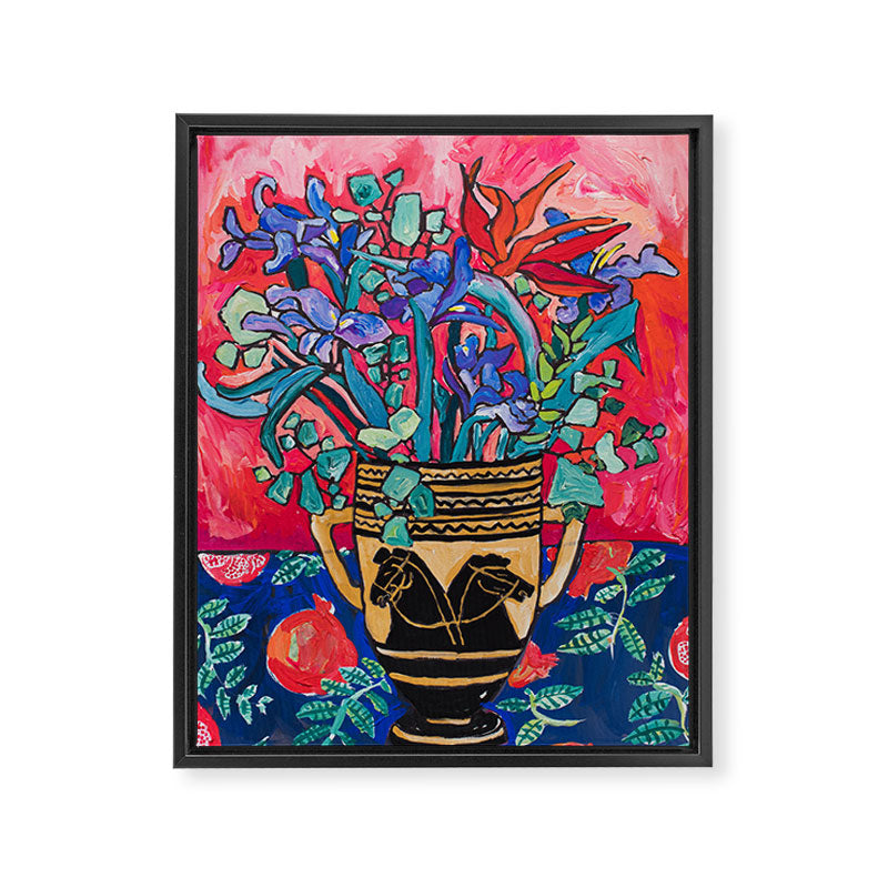 Persephone Painting - Bouquet of Iris and Strelitzia Flowers in Greek Horse Vase Against Coral Pink Framed Canvas Print Gallery Image 6