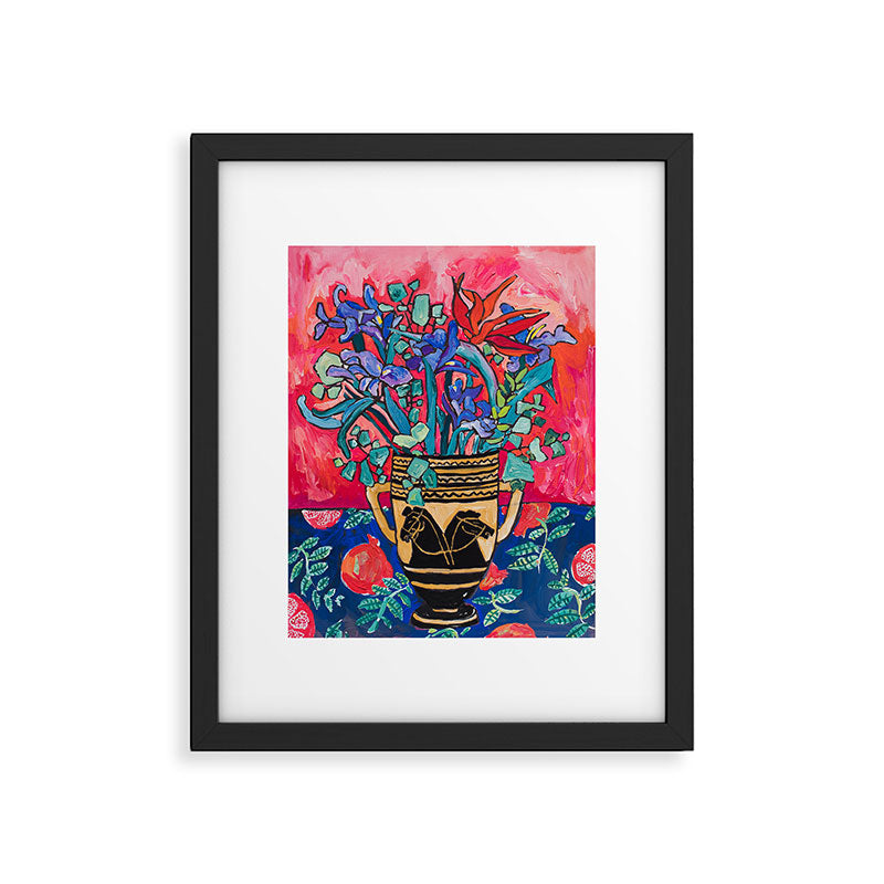 Persephone Painting - Bouquet of Iris and Strelitzia Flowers in Greek Horse Vase Against Coral Pink Framed Art Print Gallery Image 5