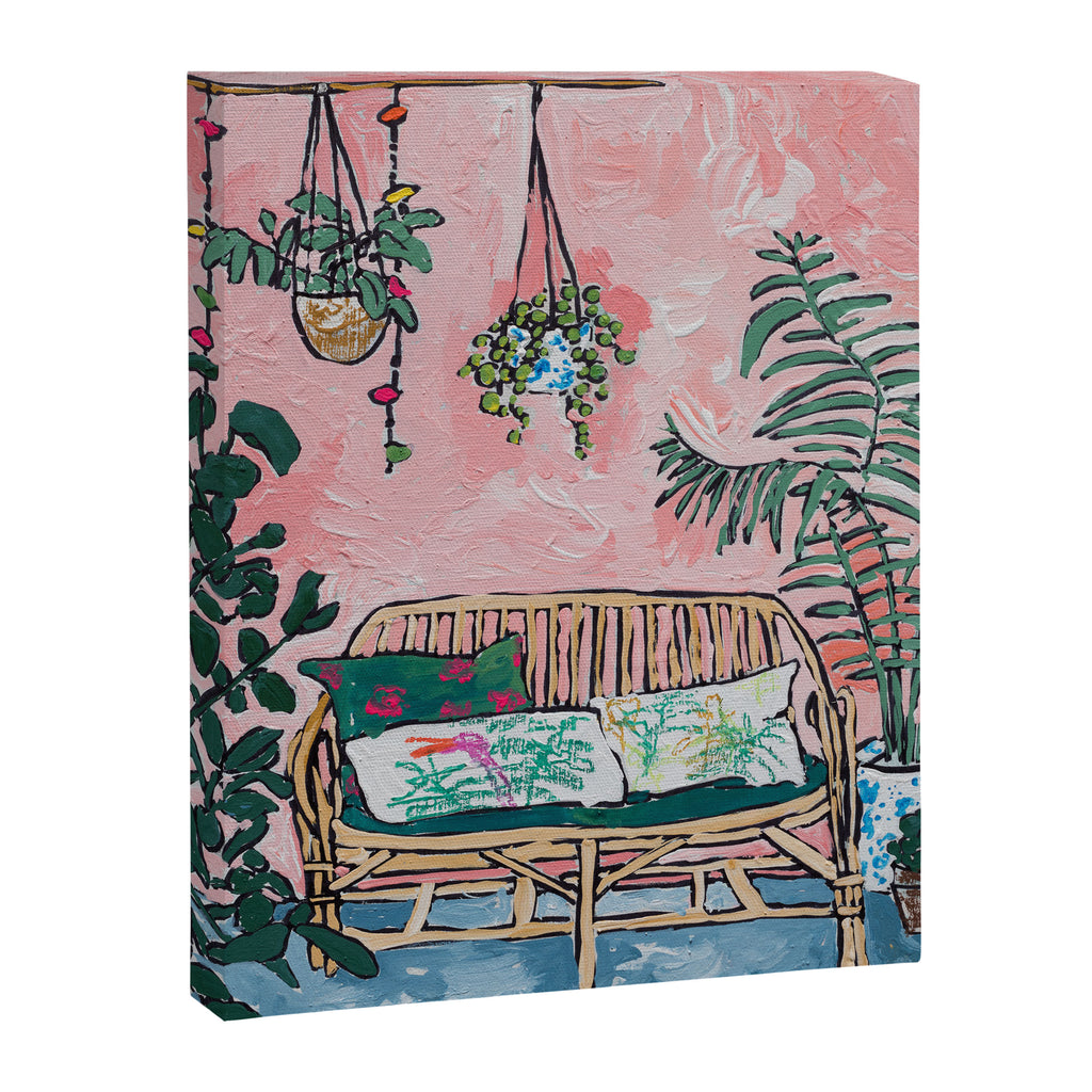 Rattan Bench in Painterly Pink Jungle Room Canvas Print Gallery Image 6