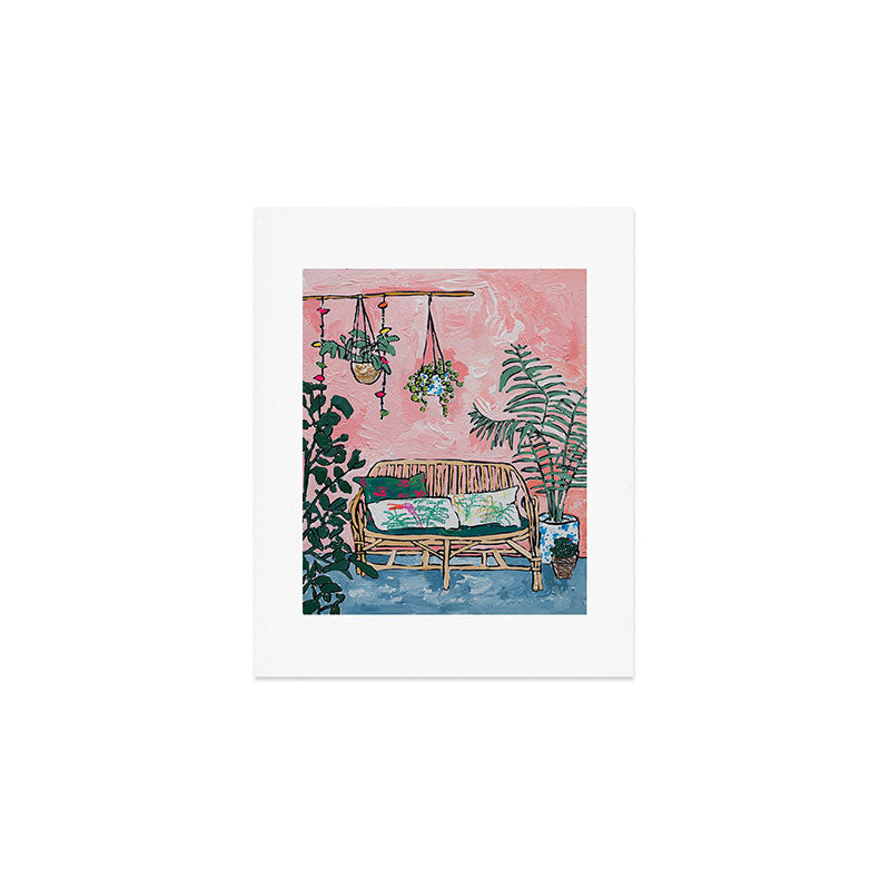 Rattan Bench in Painterly Pink Jungle Room Art Print Gallery Image 1