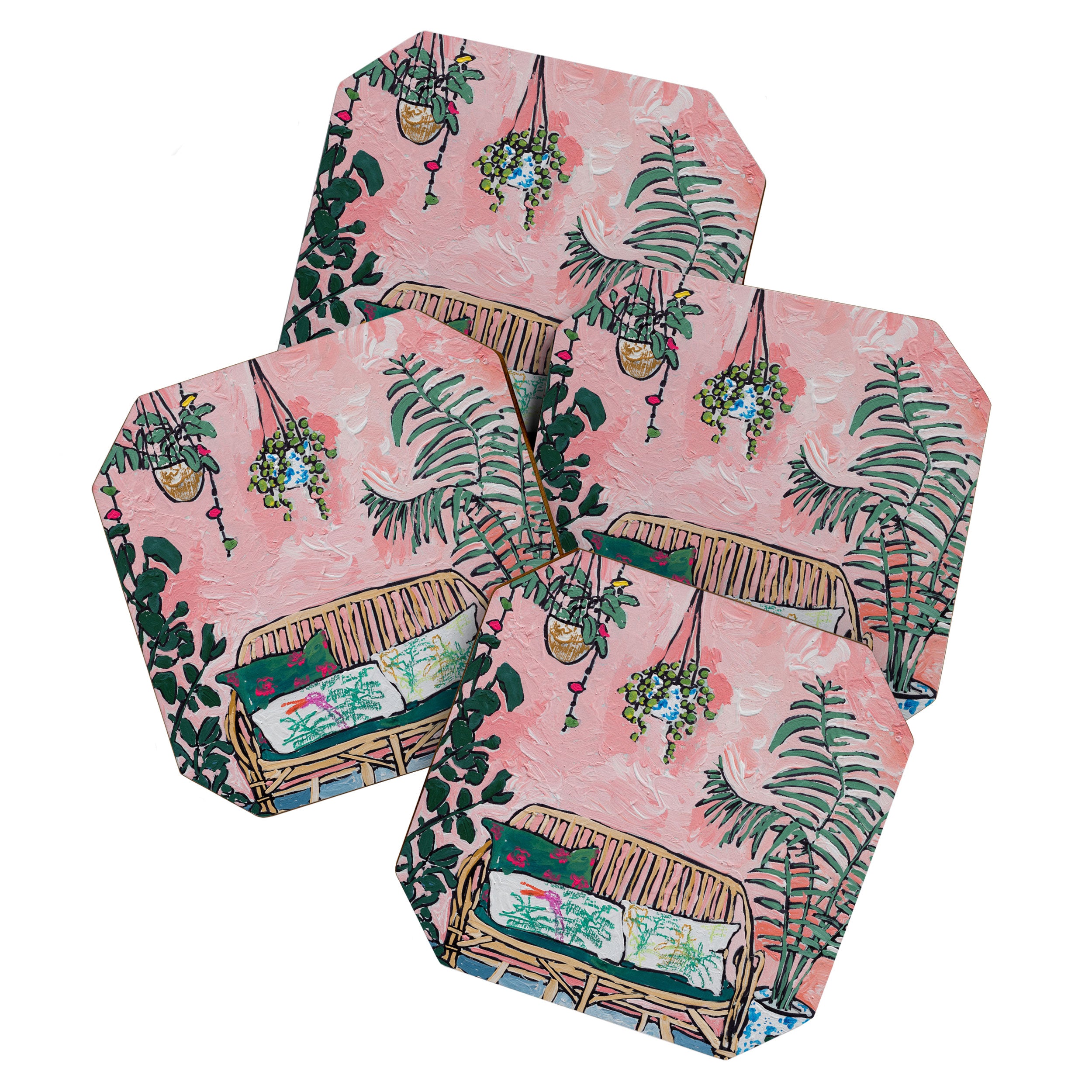 Rattan Bench in Painterly Pink Jungle Room Coaster Gallery Image 1