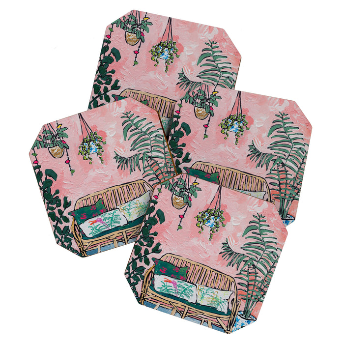 Rattan Bench in Painterly Pink Jungle Room Coaster Gallery Image 1