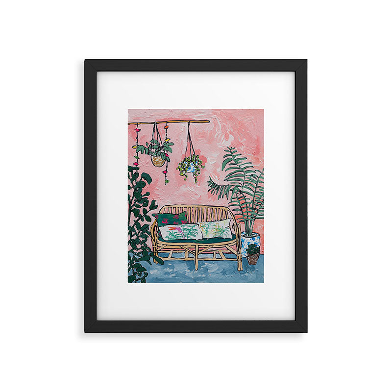 Rattan Bench in Painterly Pink Jungle Room Framed Art Print Gallery Image 4
