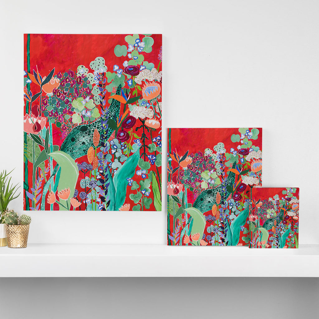 Red floral Jungle Garden Botanical featuring Proteas, Reeds, Eucalyptus, Ferns and Birds of Paradise Canvas Print Gallery Image 3