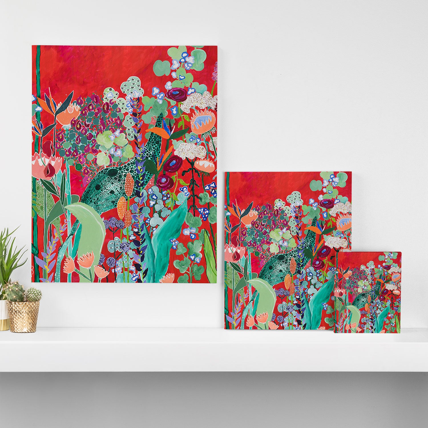 Red floral Jungle Garden Botanical featuring Proteas, Reeds, Eucalyptus, Ferns and Birds of Paradise Canvas Print Gallery Image 3
