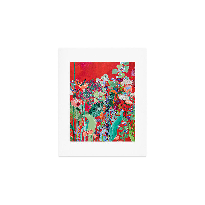 Red floral Jungle Garden Botanical featuring Proteas, Reeds, Eucalyptus, Ferns and Birds of Paradise Art Print Gallery Image 1