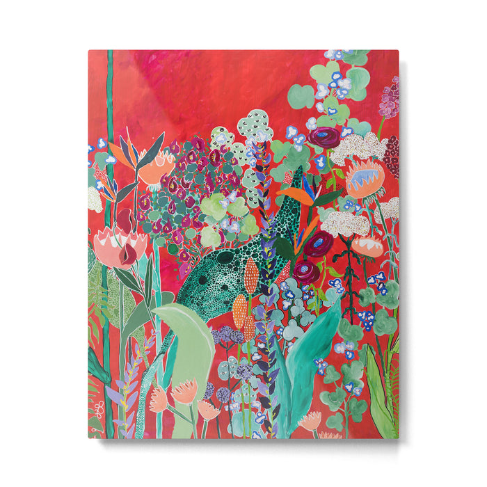Red floral Jungle Garden Botanical featuring Proteas, Reeds, Eucalyptus, Ferns and Birds of Paradise Metal Print Gallery Image 1