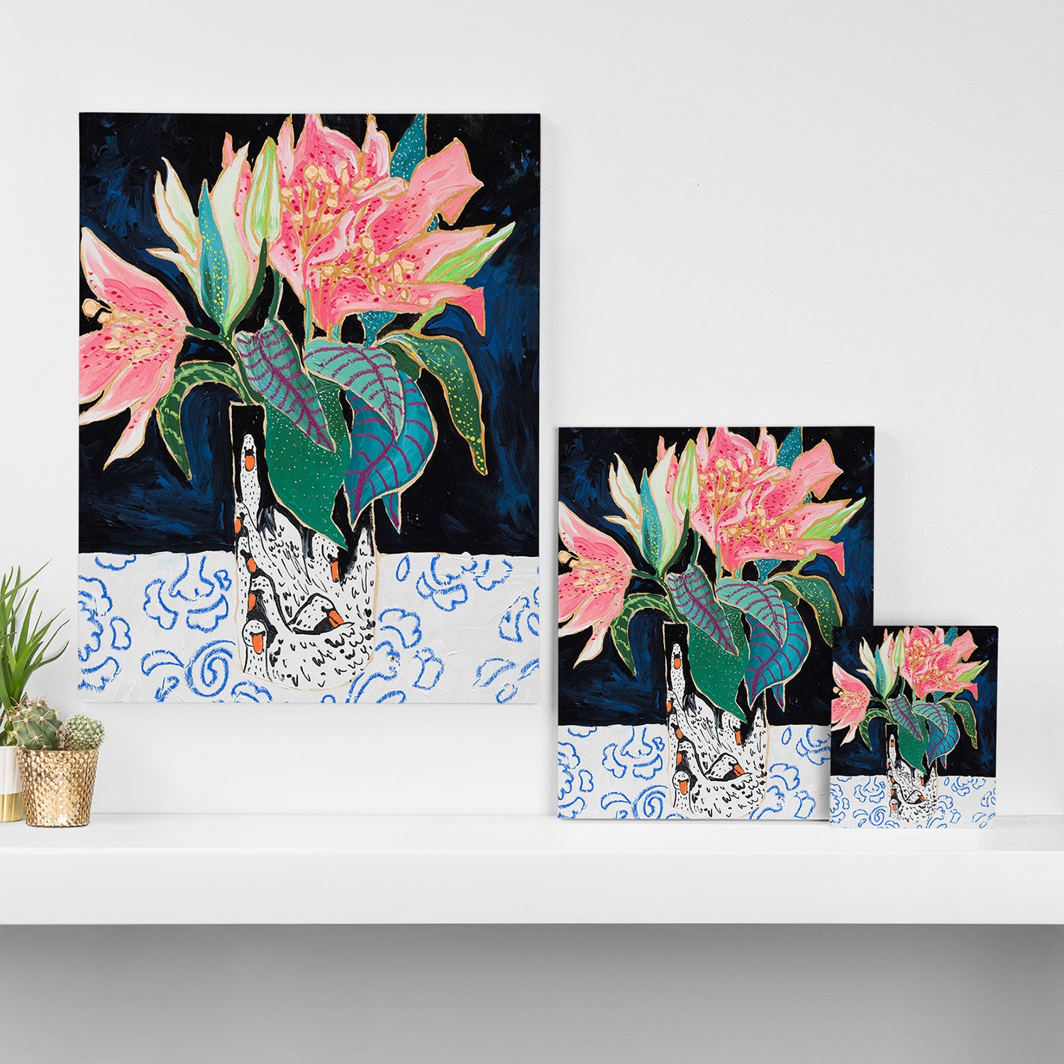 Swan Vase with Pink Lily Flower Bouquet on Dark Blue and Black Winter Floral Canvas Print Gallery Image 3