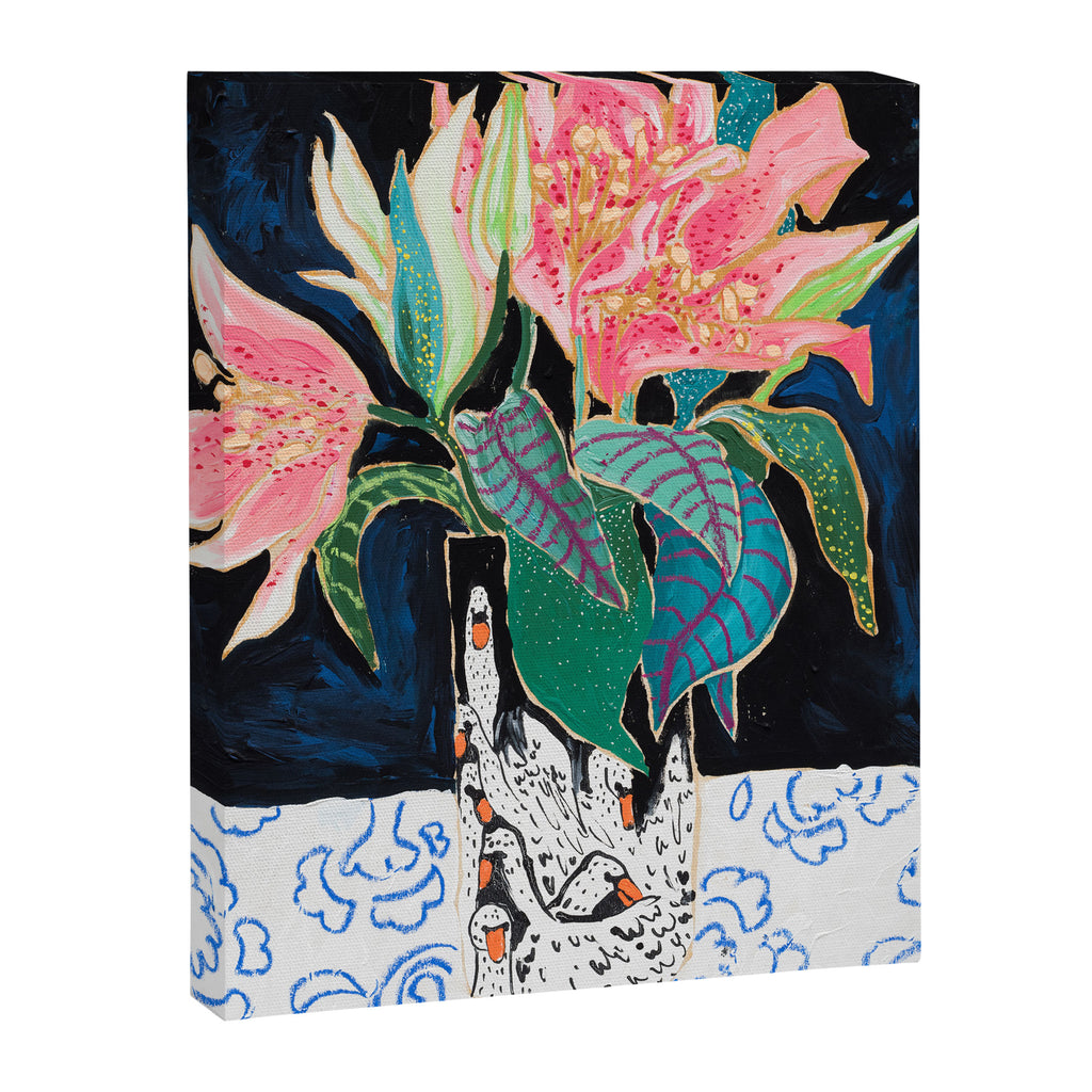 Swan Vase with Pink Lily Flower Bouquet on Dark Blue and Black Winter Floral Canvas Print Gallery Image 6