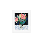 Swan Vase with Pink Lily Flower Bouquet on Dark Blue and Black Winter Floral Art Print Gallery Image 1
