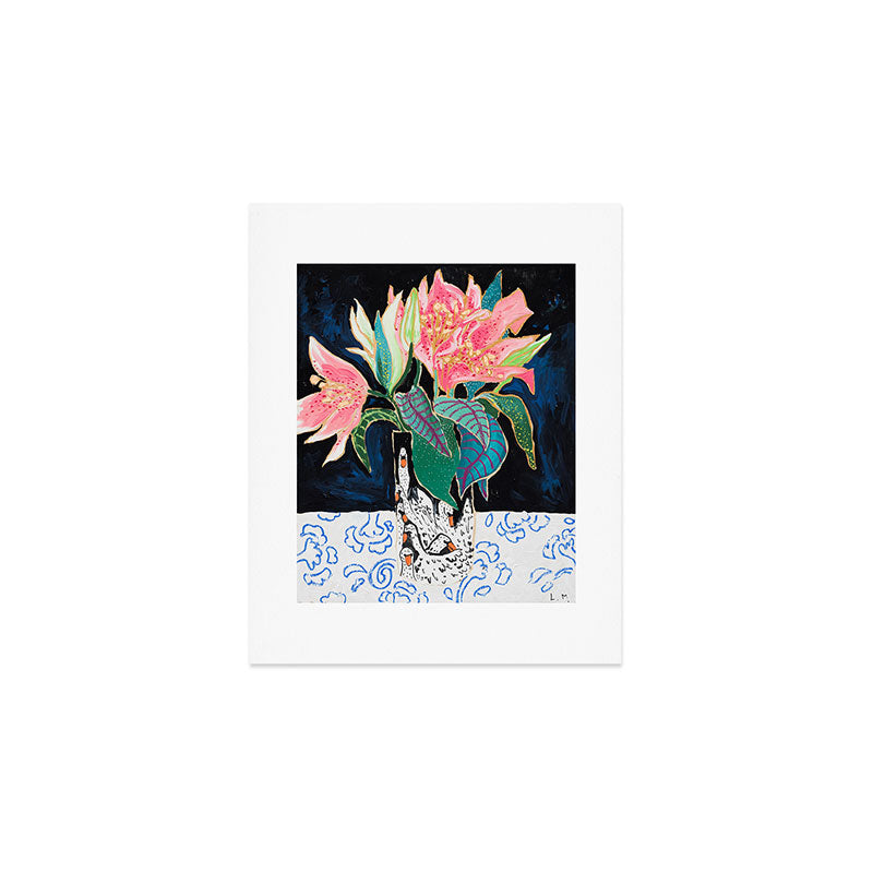 Swan Vase with Pink Lily Flower Bouquet on Dark Blue and Black Winter Floral Art Print Gallery Image 1