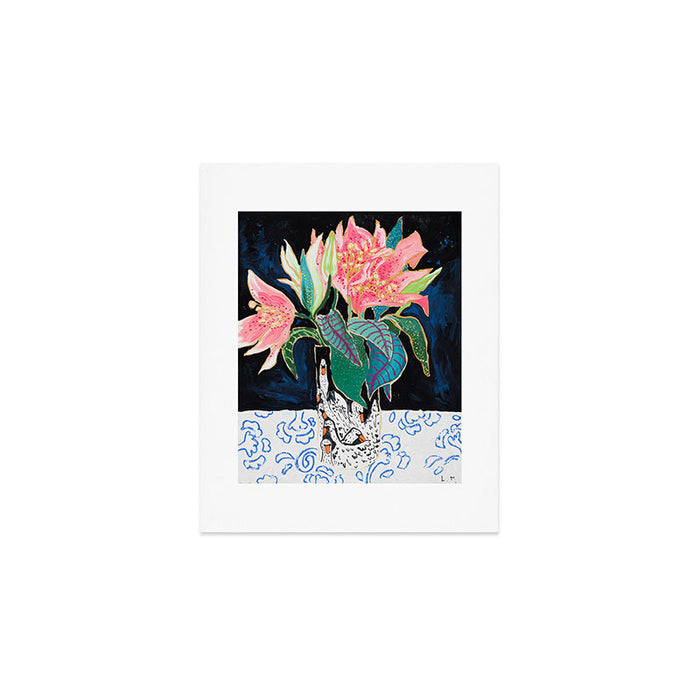 Swan Vase with Pink Lily Flower Bouquet on Dark Blue and Black Winter Floral Art Print Gallery Image 1