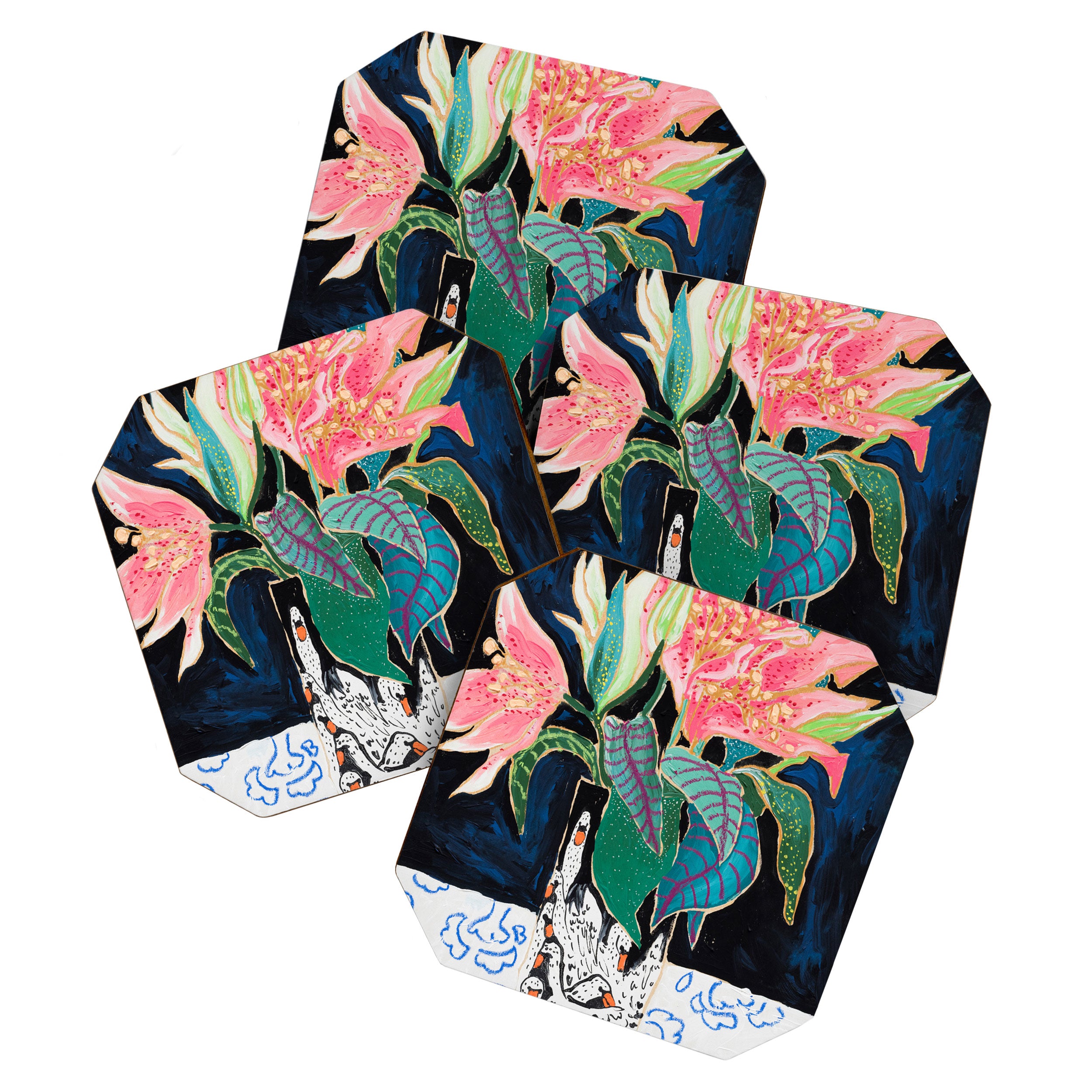 Swan Vase with Pink Lily Flower Bouquet on Dark Blue and Black Winter Floral Coaster Gallery Image 1