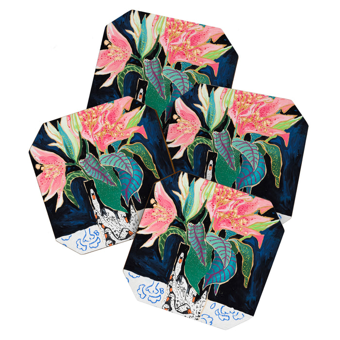 Swan Vase with Pink Lily Flower Bouquet on Dark Blue and Black Winter Floral Coaster Gallery Image 1