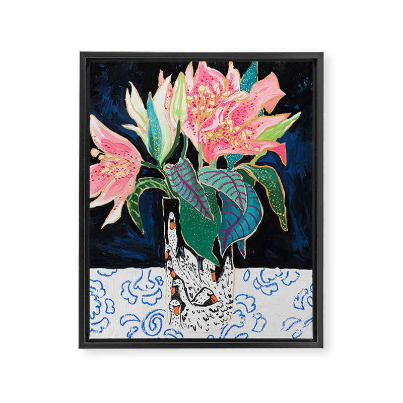 Swan Vase with Pink Lily Flower Bouquet on Dark Blue and Black Winter Floral Framed Canvas Print Gallery Image 6