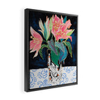 Swan Vase with Pink Lily Flower Bouquet on Dark Blue and Black Winter Floral Framed Canvas Print Gallery Image 2