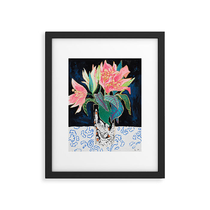 Swan Vase with Pink Lily Flower Bouquet on Dark Blue and Black Winter Floral Framed Art Print Gallery Image 1