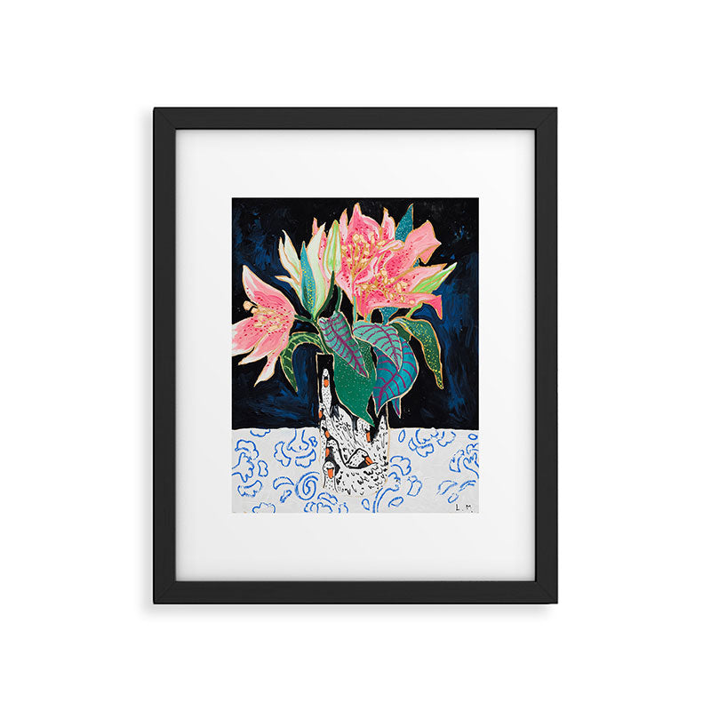 Swan Vase with Pink Lily Flower Bouquet on Dark Blue and Black Winter Floral Framed Art Print Gallery Image 5