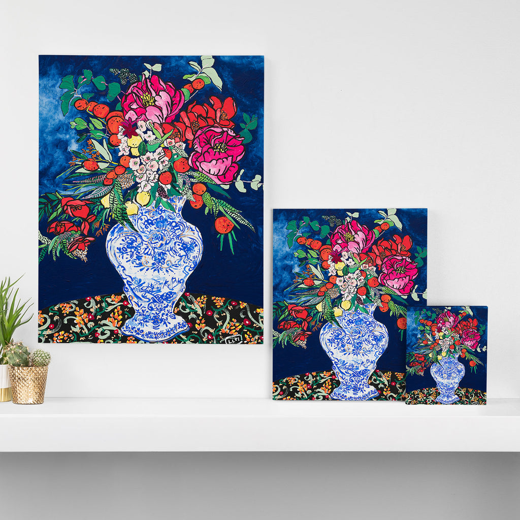 Winter Floral Peony Bouquet in Delft Vase on Dark Navy Blue Painting Canvas Print Gallery Image 3