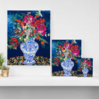 Winter Floral Peony Bouquet in Delft Vase on Dark Navy Blue Painting Canvas Print Gallery Image 3