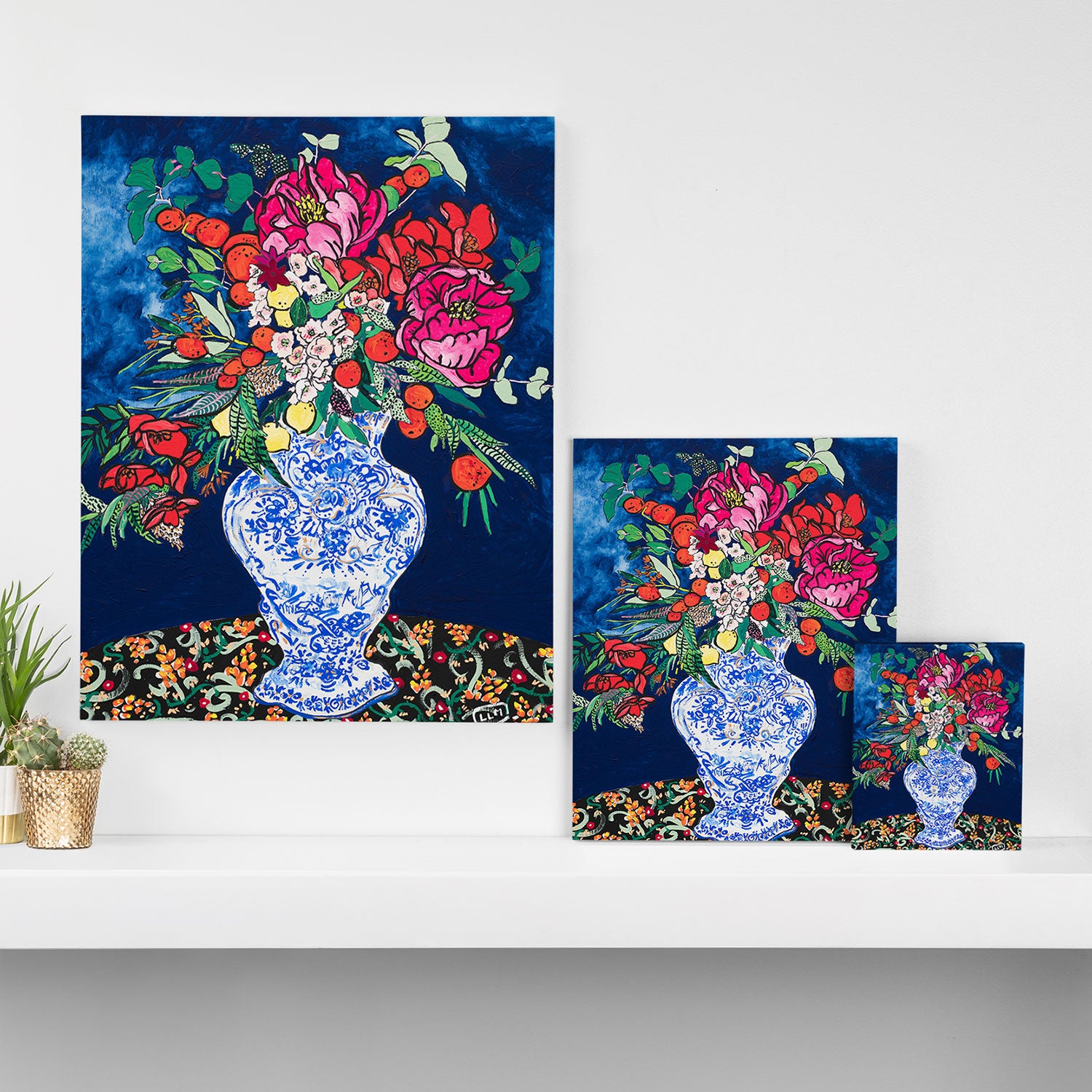 Winter Floral Peony Bouquet in Delft Vase on Dark Navy Blue Painting Canvas Print Gallery Image 3