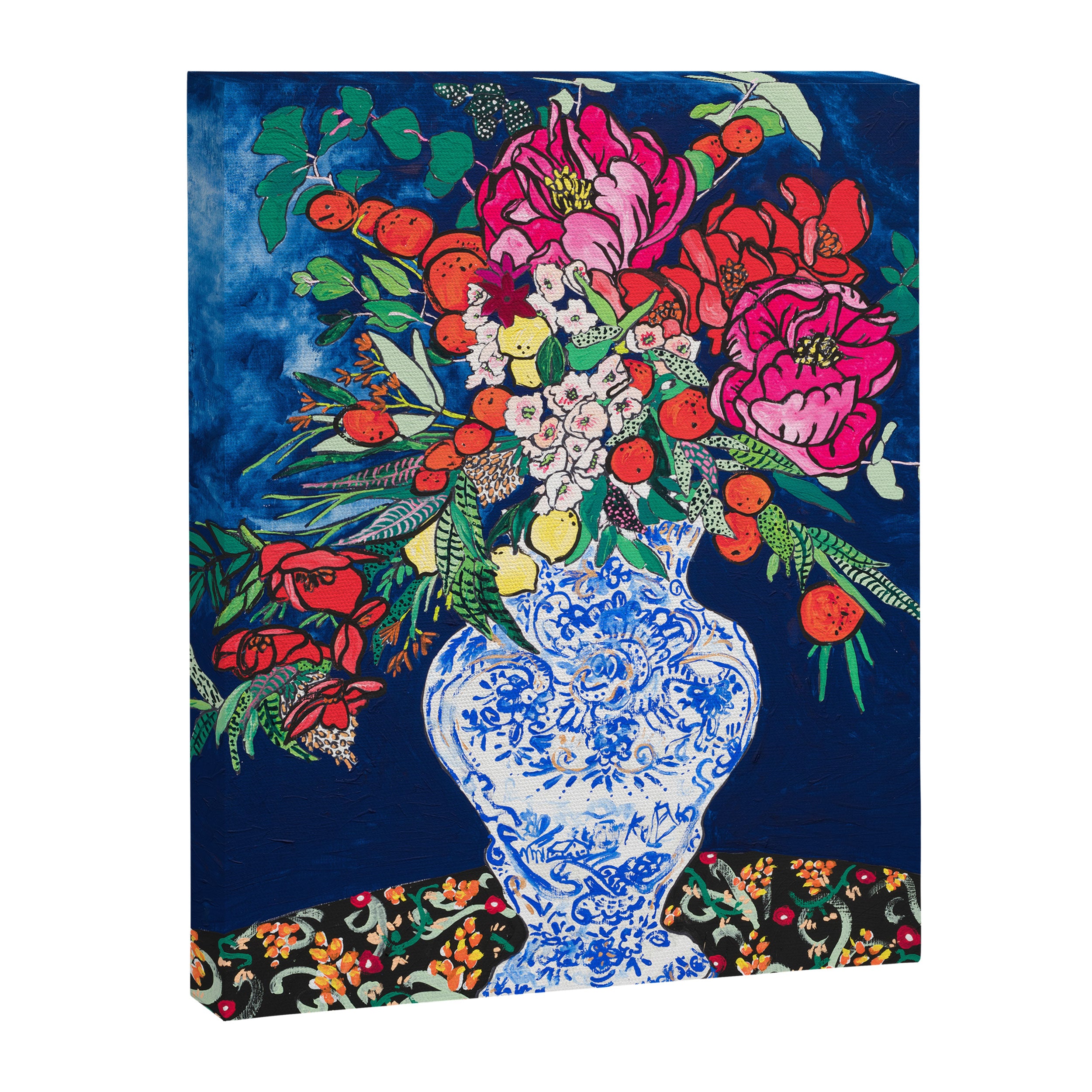 Winter Floral Peony Bouquet in Delft Vase on Dark Navy Blue Painting Canvas Print Gallery Image 6