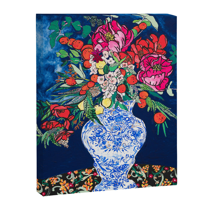 Winter Floral Peony Bouquet in Delft Vase on Dark Navy Blue Painting Canvas Print Gallery Image 1