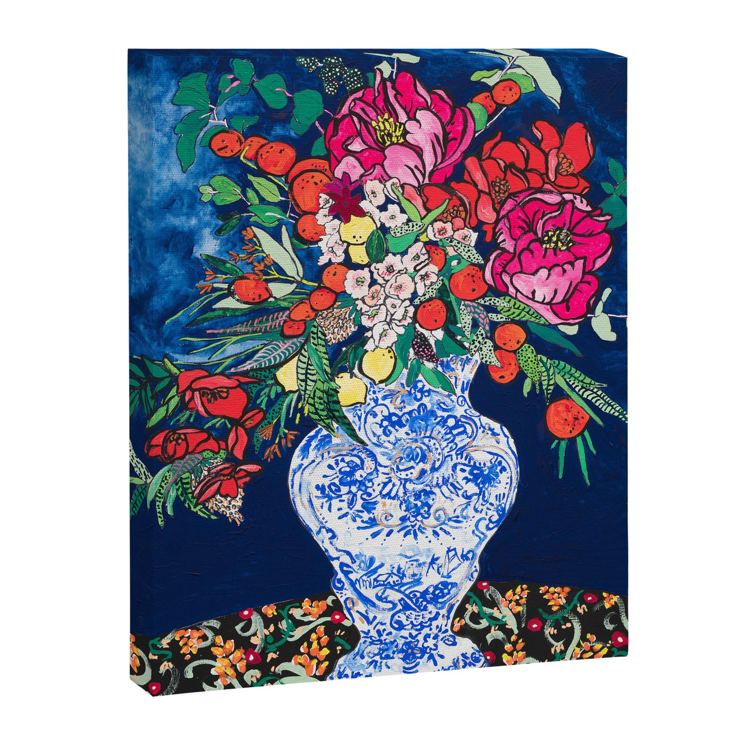 Winter Floral Peony Bouquet in Delft Vase on Dark Navy Blue Painting Canvas Print Gallery Image 3