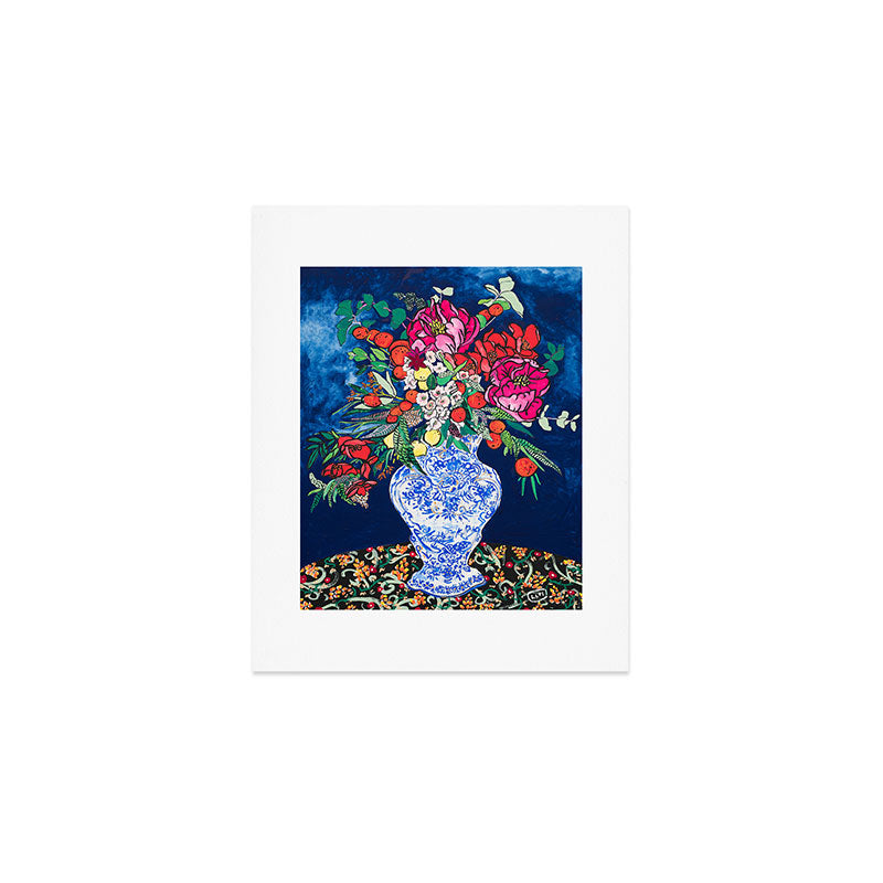 Winter Floral Peony Bouquet in Delft Vase on Dark Navy Blue Painting Art Print Gallery Image 1