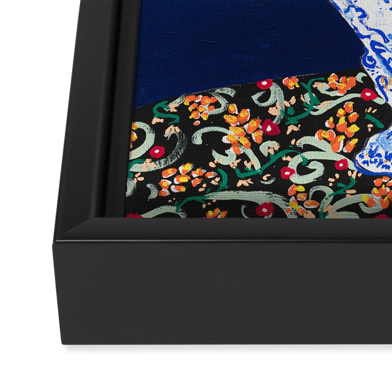 Winter Floral Peony Bouquet in Delft Vase on Dark Navy Blue Painting Framed Canvas Print Gallery Image 3