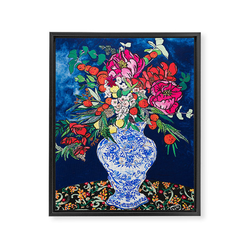 Winter Floral Peony Bouquet in Delft Vase on Dark Navy Blue Painting Framed Canvas Print Gallery Image 6