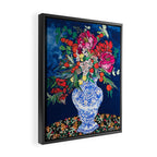Winter Floral Peony Bouquet in Delft Vase on Dark Navy Blue Painting Framed Canvas Print Gallery Image 2