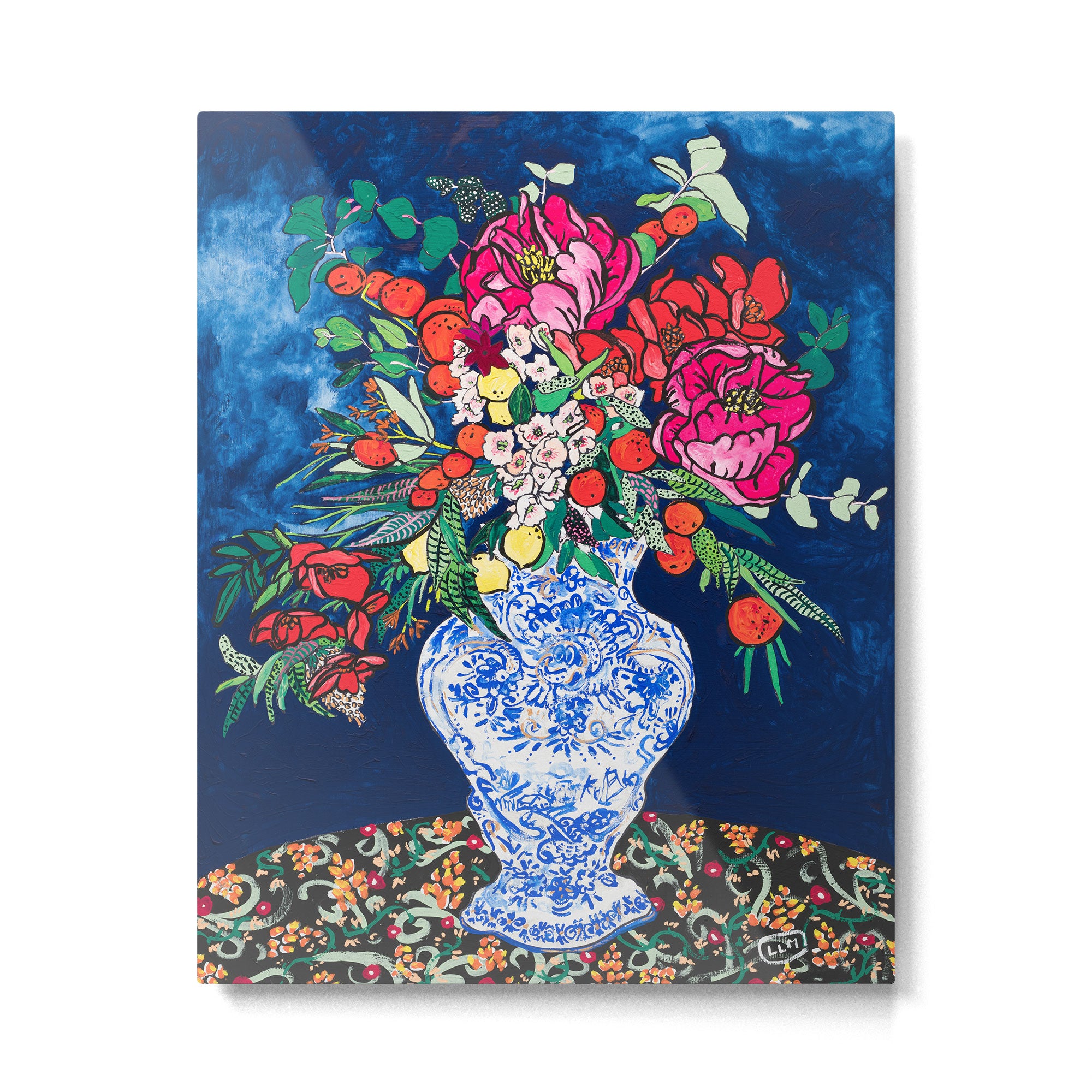 Winter Floral Peony Bouquet in Delft Vase on Dark Navy Blue Painting Metal Print Gallery Image 4