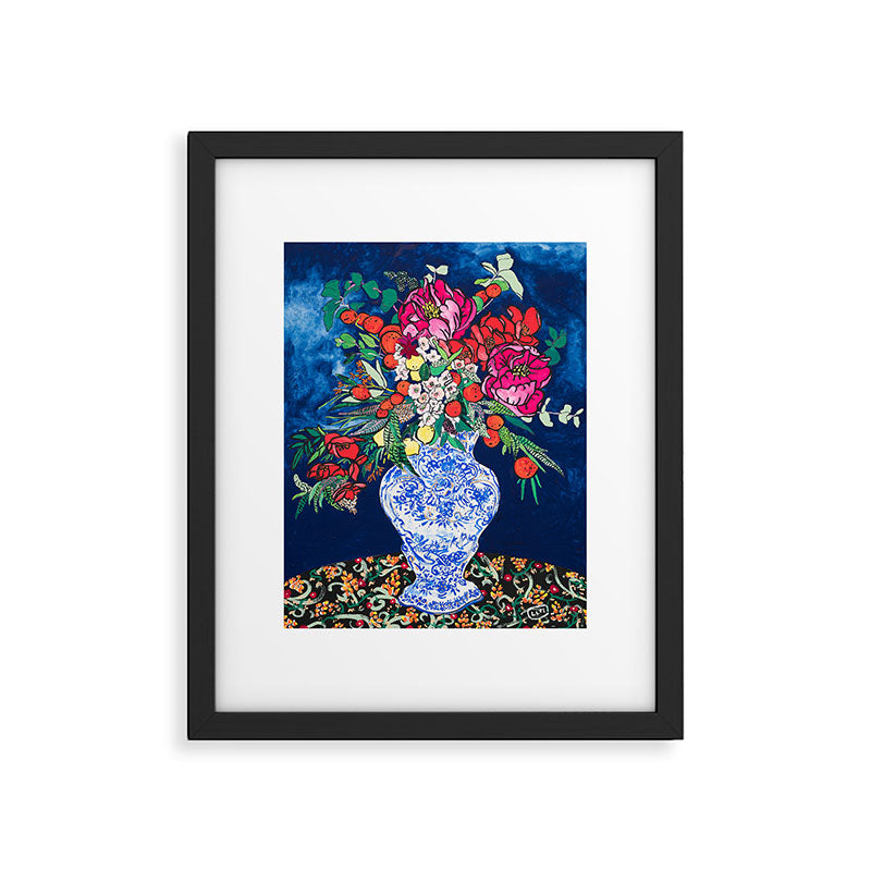 Winter Floral Peony Bouquet in Delft Vase on Dark Navy Blue Painting Framed Art Print Gallery Image 5
