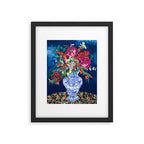 Winter Floral Peony Bouquet in Delft Vase on Dark Navy Blue Painting Framed Art Print Gallery Image 5